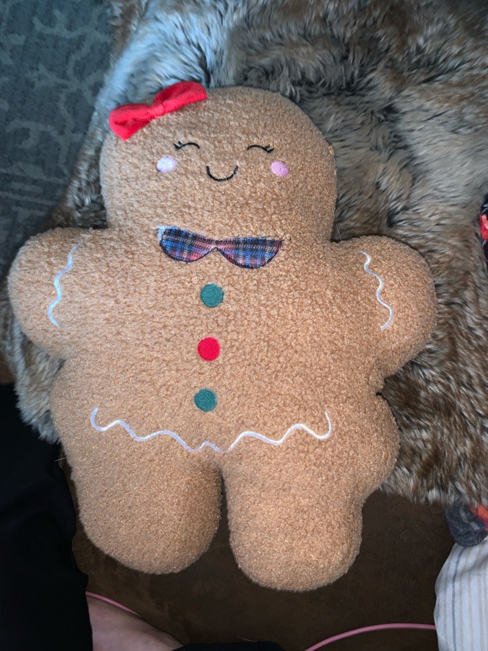 Gingerbread Plush Pillow with Red Bow